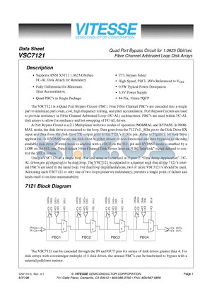 VSC7121 datasheet - Quad Port Bypass Circuit for 1.0625 Gbit/sec Fibre Channel Arbitrated Loop Disk Arrays