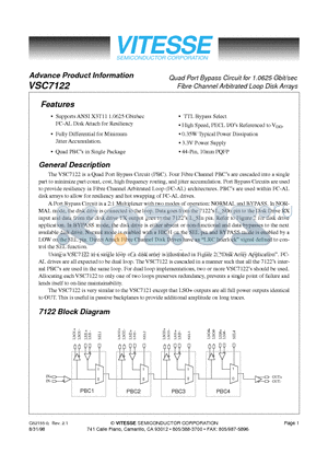 VSC7122 datasheet - Quad Port Bypass Circuit for 1.0625 Gbit/sec Fibre Channel Arbitrated Loop Disk Arrays