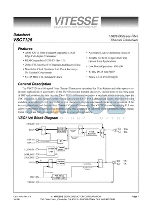 VSC7126QX datasheet - 1.0625 Gbits/sec Fibre Channel Transceiver