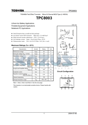 TPC8003 datasheet - Field Effect Transistor Silicon N Channel MOS Type (U-MOSII)