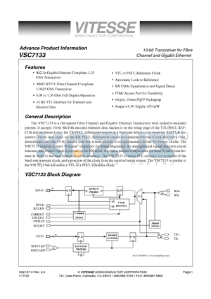 VSC7133QU datasheet - 10-bit Transceiver for Fibre Channel and Gigabit Ethernet