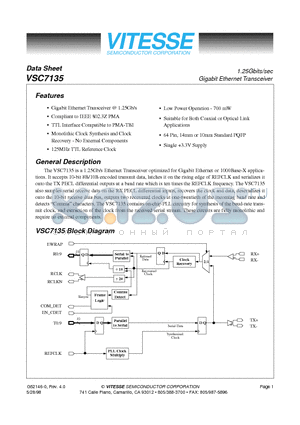 VSC7135 datasheet - 1.25Gbits/sec Gigabit Ethernet Transceiver