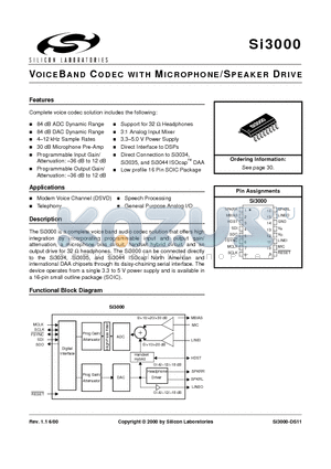 SI3000-KS datasheet - VOICEBAND CODEC WITH MICROPHONE/SPEAKER DRIVE
