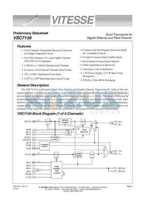 VSC7139 datasheet - Quad Transceiver for Gigabit Ethernet and Fibre Channel