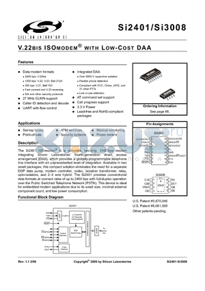 SI3008 datasheet - V.22BIS ISOMODEM^ WITH LOW-COST DAA