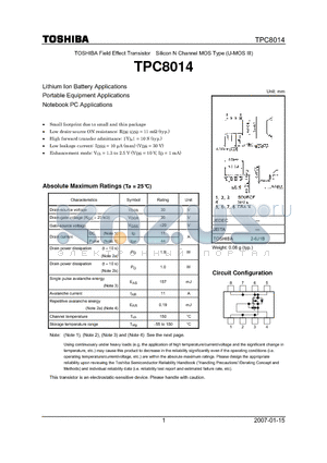 TPC8014 datasheet - Lithium Ion Battery Applications Portable Equipment Applications Notebook PC Applications