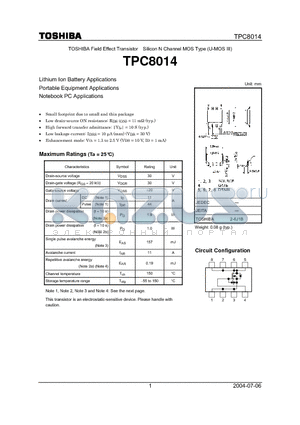 TPC8014 datasheet - TOSHIBA Field Effect Transistor Silicon N Channel MOS Type (U-MOS III)