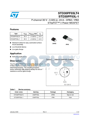 STD30PF03L-1 datasheet - P-channel 30 V - 0.025 Y - 24 A - DPAK / IPAK STripFET II Power MOSFET