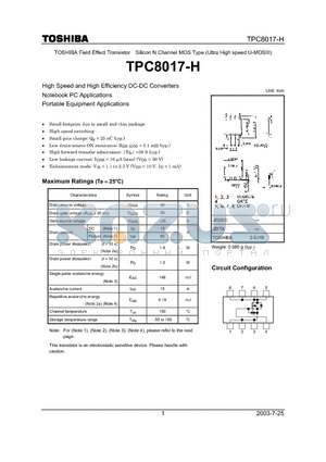 TPC8017-H datasheet - High Speed and High Efficiency DC-DC Converters Notebook PC Applications Portable Equipment Applications