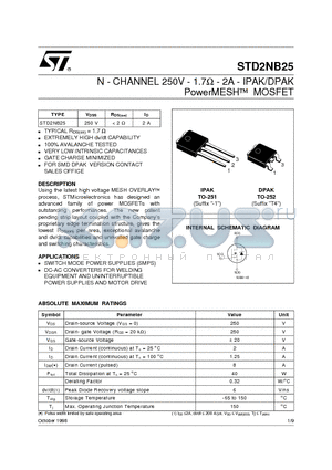 STD2NB25 datasheet - N - CHANNEL 250V - 1.7ohm - 2A - IPAK/DPAK PowerMESH MOSFET