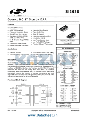 SI3014 datasheet - GLOBAL MC 97 SILICON DAA