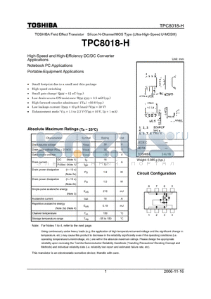 TPC8018-H datasheet - High-Speed and High-Effciency DC/DC Converter Applications Notebook PC Applications Portable-Equipment Applications