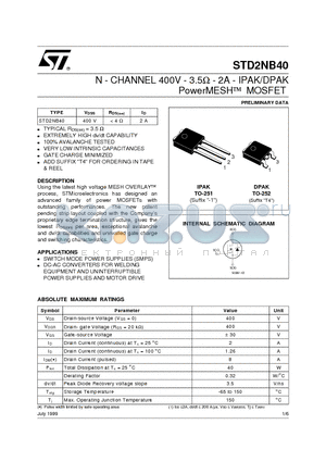 STD2NB40 datasheet - N - CHANNEL 400V - 3.5ohm - 2A - IPAK/DPAK PowerMESH MOSFET