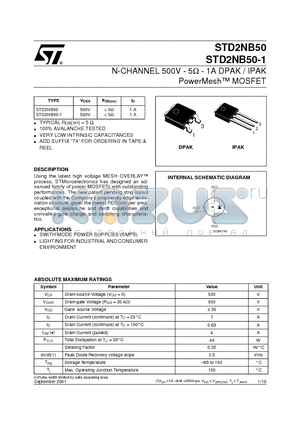 STD2NB50 datasheet - N-CHANNEL 500V - 5ohm - 1A DPAK / IPAK PowerMesh MOSFET