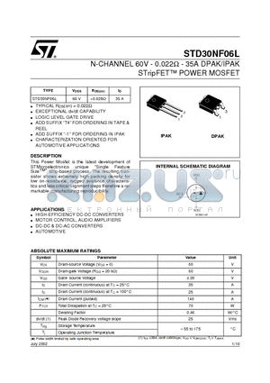 STD30NF06L datasheet - N-CHANNEL 60V - 0.022ohm - 35A DPAK/IPAK STripFET POWER MOSFET