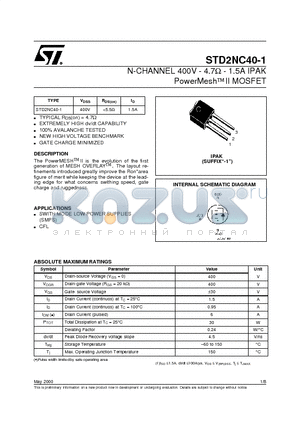 STD2NC40 datasheet - N-CHANNEL 400V - 4.7ohm - 1.5A IPAK PowerMeshII MOSFET