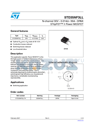 STD35NF3LL datasheet - N-channel 30V - 0.014ohm - 35A - DPAK STripFET TM II Power MOSFET