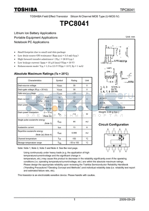TPC8041 datasheet - Field Effect Transistor Silicon N Channel MOS Type (U-MOS IV)
