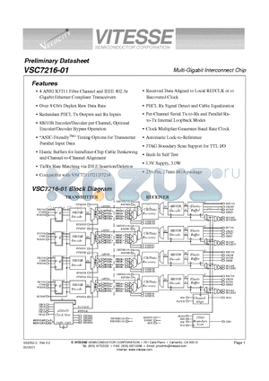 VSC7216UC-01 datasheet - Multi-Gigabit Interconnect Chip