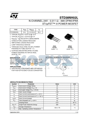 STD38NH02L datasheet - N-CHANNEL 24V - 0.011 ohm - 38A DPAK/IPAK STripFET III POWER MOSFET