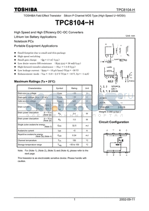 TPC8104-H datasheet - TOSHIBA Field Effect Transistor Silicon P Channel MOS Type (High Speed U-MOSII)