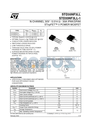 STD35NF3LL datasheet - N-CHANNEL 30V - 0.014 ohm - 35A IPAK/DPAK STripFET II POWER MOSFET