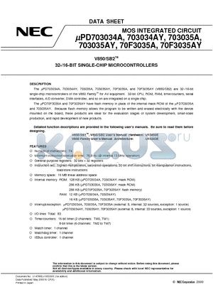 UPD70F3035AGF-3BA datasheet - V850/SB2TM 32-/16-BIT SINGLE-CHIP MICROCONTROLLERS