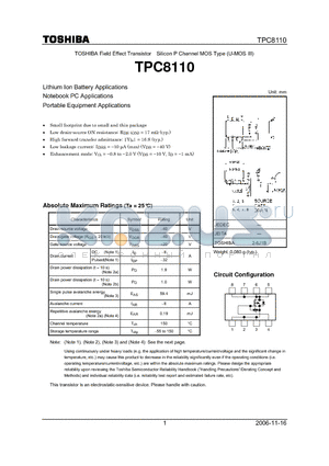 TPC8110 datasheet - Lithium Ion Battery Applications Notebook PC Applications Portable Equipment Applications