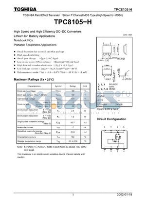 TPC8105-H datasheet - TOSHIBA Field Effect Transistor Silicon P Channel MOS Type (High Speed U-MOSII)