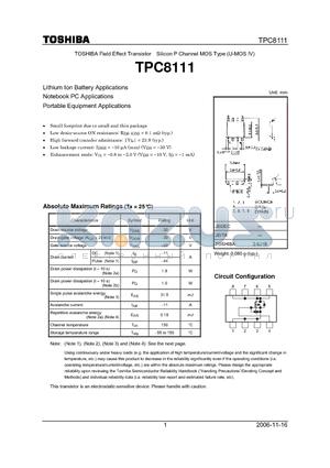 TPC8111 datasheet - Lithium Ion Battery Applications Notebook PC Applications Portable Equipment Applications