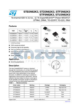 STD3N62K3 datasheet - N-channel 620 V, 2.2 OHM , 2.7 A SuperMESH3 Power MOSFET D2PAK, DPAK, TO-220FP, TO-220, IPAK
