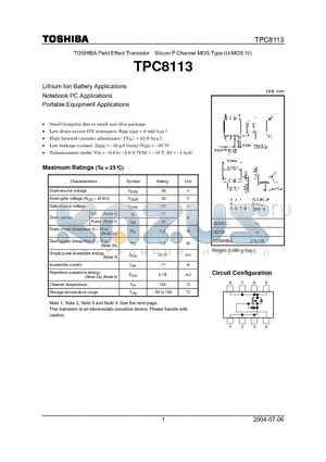 TPC8113 datasheet - TOSHIBA Field Effect Transistor Silicon P Channel MOS Type (U-MOS IV)