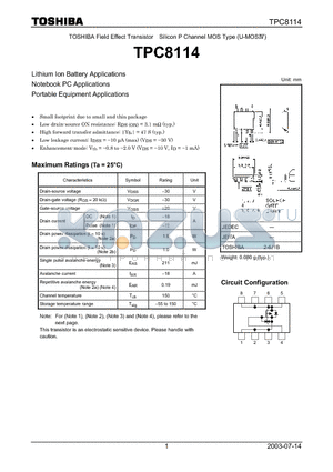 TPC8114 datasheet - TOSHIBA Field Effect Transistor Silicon P Channel MOS Type (U-MOSIV)