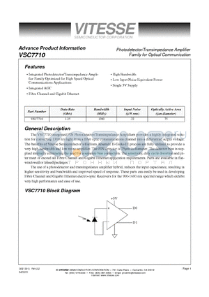VSC7710WC datasheet - Photodetector Transimpedance Amplifier Family for Optical Communication