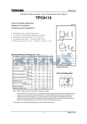 TPC8115 datasheet - Lithium Ion Battery Applications Notebook PC Applications Portable Equipment Applications