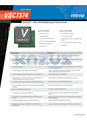 VSC7374 datasheet - HawX-G24 - 24-Port 10/100/1000 Managed L2 Ethernet Switch