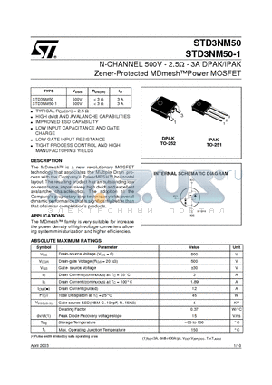 STD3NM50 datasheet - N-CHANNEL 500V - 2.5ohm - 3A DPAK/IPAK Zener-Protected MDmeshPower MOSFET