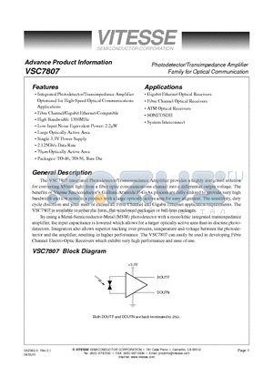 VSC7807 datasheet - Photodetector/Transimpedance Amplifier Family for Optical Communication