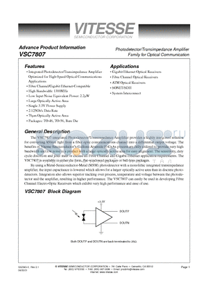 VSC7807WA datasheet - Photodetector/Transimpedance Amplifier Family for Optical Communication