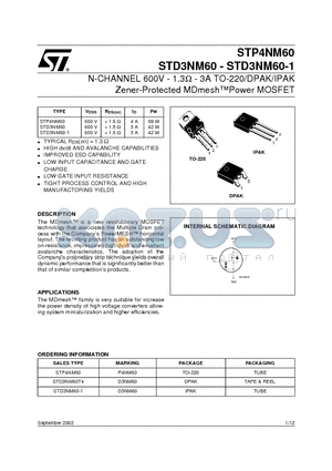 STD3NM60 datasheet - N-CHANNEL 600V - 1.3ohm - 3A TO-220/DPAK/IPAK Zener-Protected MDmeshPower MOSFET