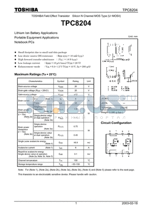 TPC8204 datasheet - TOSHIBA Field Effect Transistor Silicon N Channel MOS Type (U-MOSII)