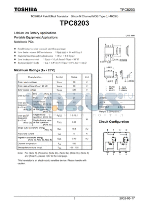 TPC8203 datasheet - TOSHIBA Field Effect Transistor Silicon N Channel MOS Type (U-MOSII)