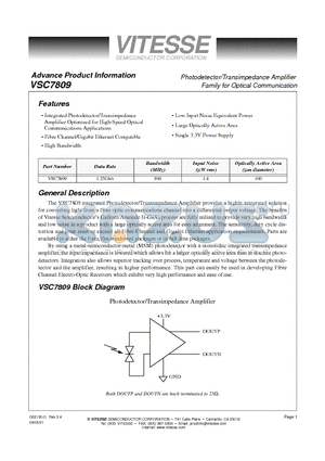 VSC7809WC datasheet - Photodetector/Transimpedance Amplifier Family for Optical Communication