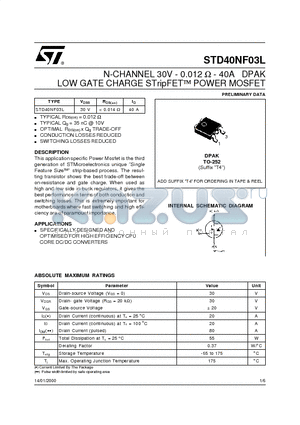 STD40NF03L datasheet - N-CHANNEL 30V - 0.012 ohm - 40A DPAK LOW GATE CHARGE STripFET POWER MOSFET
