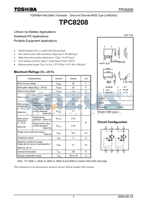 TPC8208 datasheet - TOSHIBA Field Effect Transistor Silicon N Channel MOS Type (U-MOSIII)