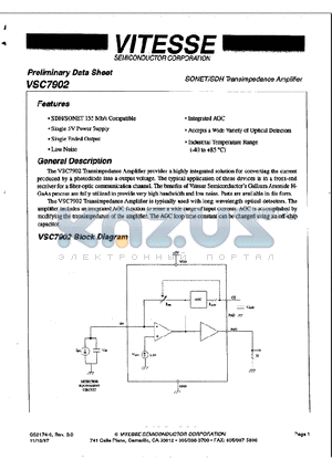 VSC7902 datasheet - SONET/SDH Transimpedance Amplifier