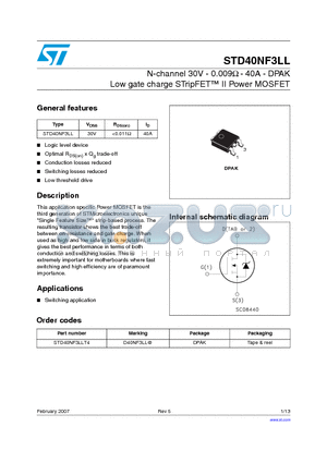STD40NF3LLT4 datasheet - N-channel 30V - 0.009ohm - 40A - DPAK Low gate charge STripFET TM II Power MOSFET