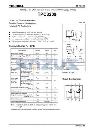 TPC8209 datasheet - TOSHIBA Field Effect Transistor Silicon N Channel MOS Type (U-MOS  II)