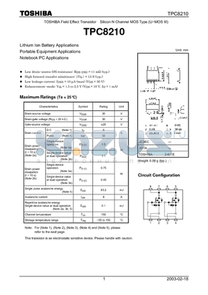 TPC8210 datasheet - TOSHIBA Field Effect Transistor Silicon N Channel MOS Type (U-MOS III)