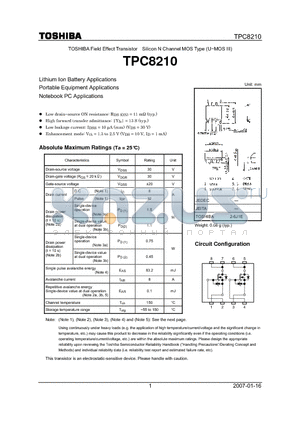 TPC8210 datasheet - Lithium Ion Battery Applications Portable Equipment Applications Notebook PC Applications